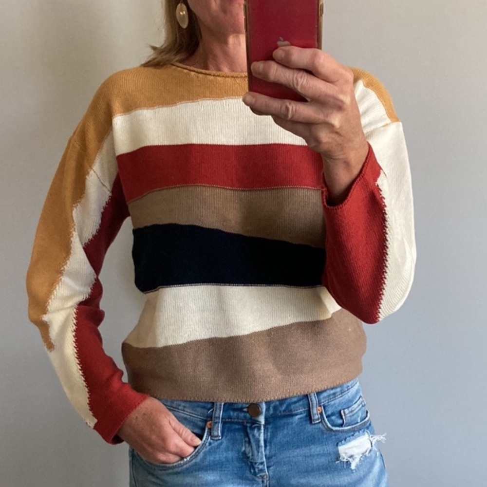 Cropped, Asymmetrical Stripe Long Sleeve Sweater - Picture 1 of 7